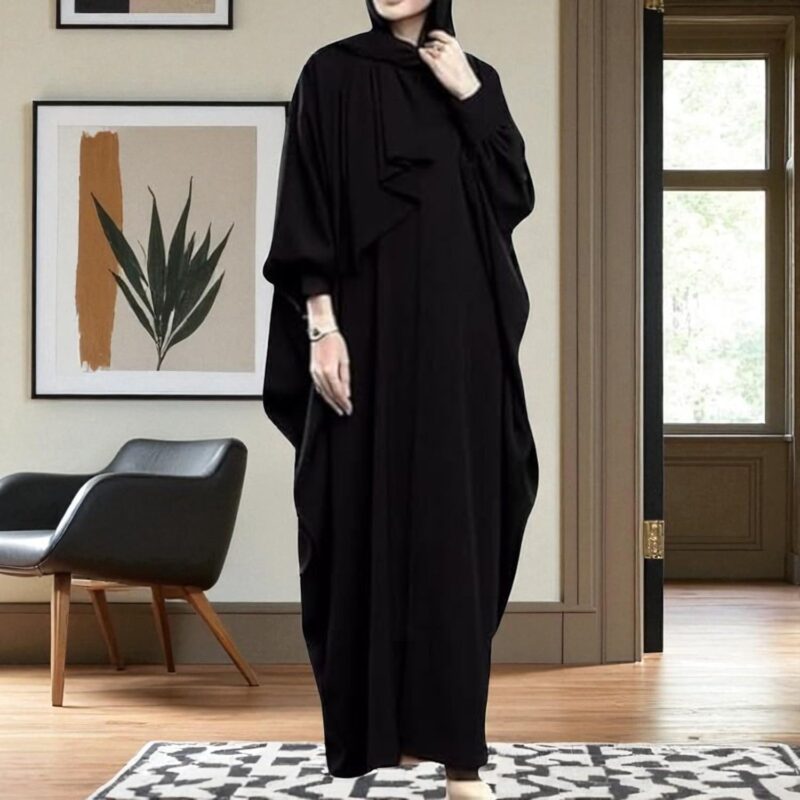Musheco Black Kaftan Style Front-Open Abaya in Nida Satin Fabric with Zipper – One Size Modest Wear for Women - Image 5