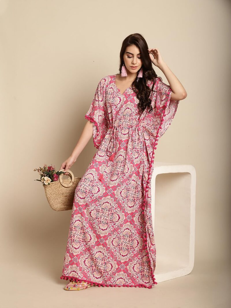 Secret Wish Women's Rayon Pink Kaftan Nighty/Free Size/Scree Print/Drawstring/Nightdress/Nightwear/Full Length - Image 5