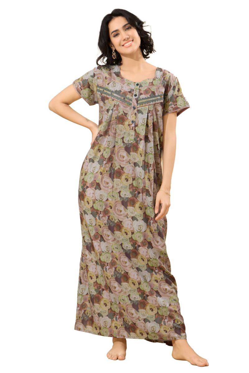 GLAMORAS Bizzy Lizzy Cotton Nighty Gown with Side Pocket for Women | Regular, Digital Printed & Full Length Maxi Night Gown | Night Wear Maxi Gown for Women | Size: M Floral Print 02