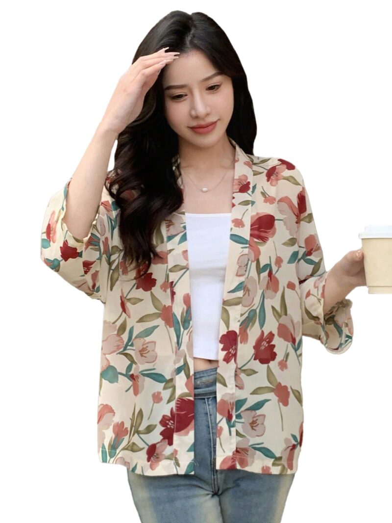 TOPLOT Women's Front Open Floral Printed Shrug Top Regular Fit (Shrug-5148-Apricot-XXL)