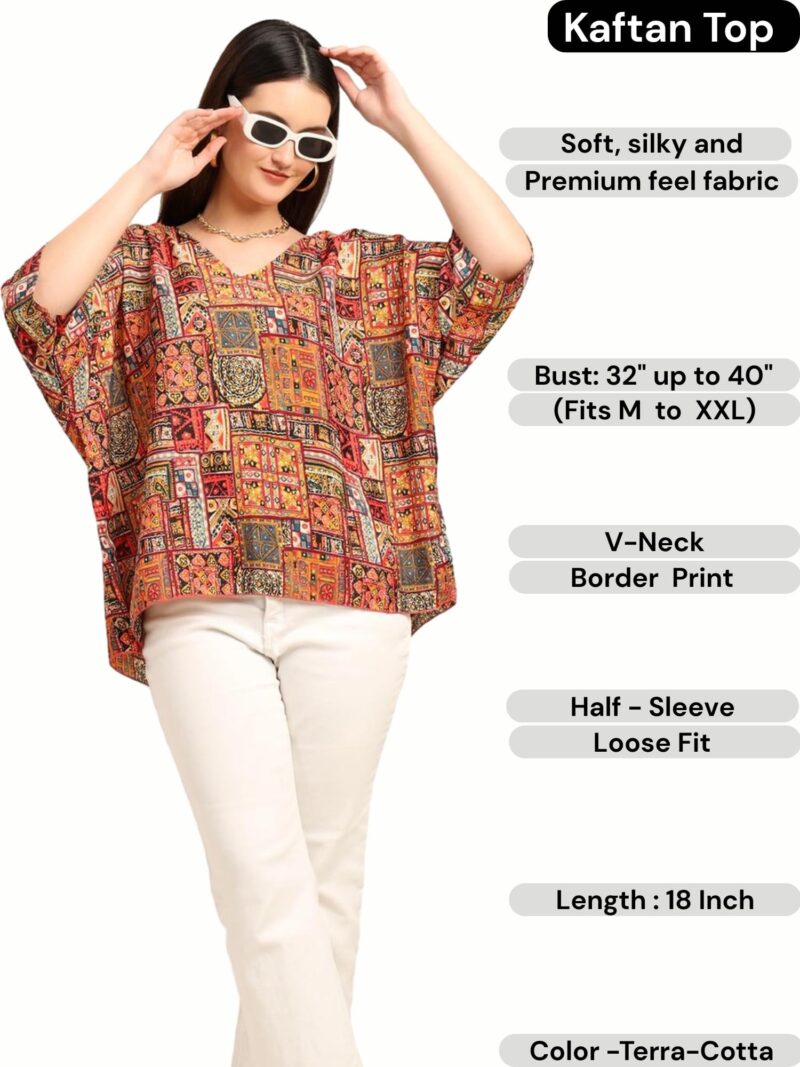 KE KANHA EXPORTS Over Size top|Tops for Woman|Boho Vibe Beach wear|Soft Silky Feel Border Print|V-Neck Half Sleeve Loose Fit|Multicolor|Easily fits M toXXL|Bust 32-40in Length 28in|Pack of 1 - Image 2