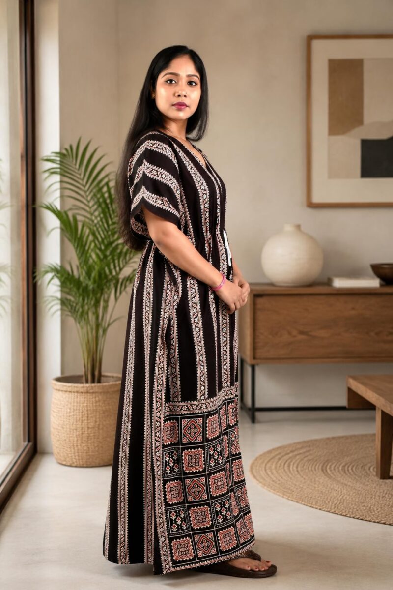 BDROX Women’s Black Cotton Kaftan Nighty Maxi Dress | Loose Fit Printed Lounge Wear | Breathable Summer Sleepwear | Free Size Comfortable House Dress - Image 5
