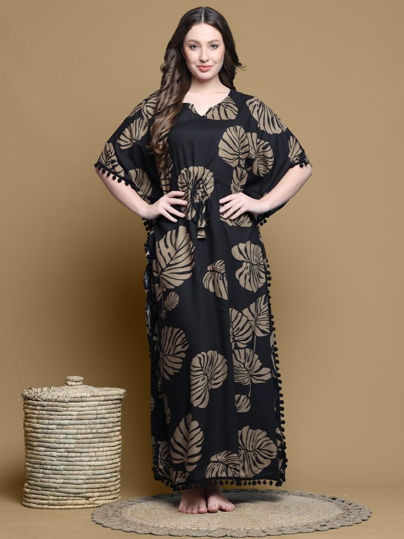 Secret Wish Black Floral Rayon Kaftan Full Length - Image 2