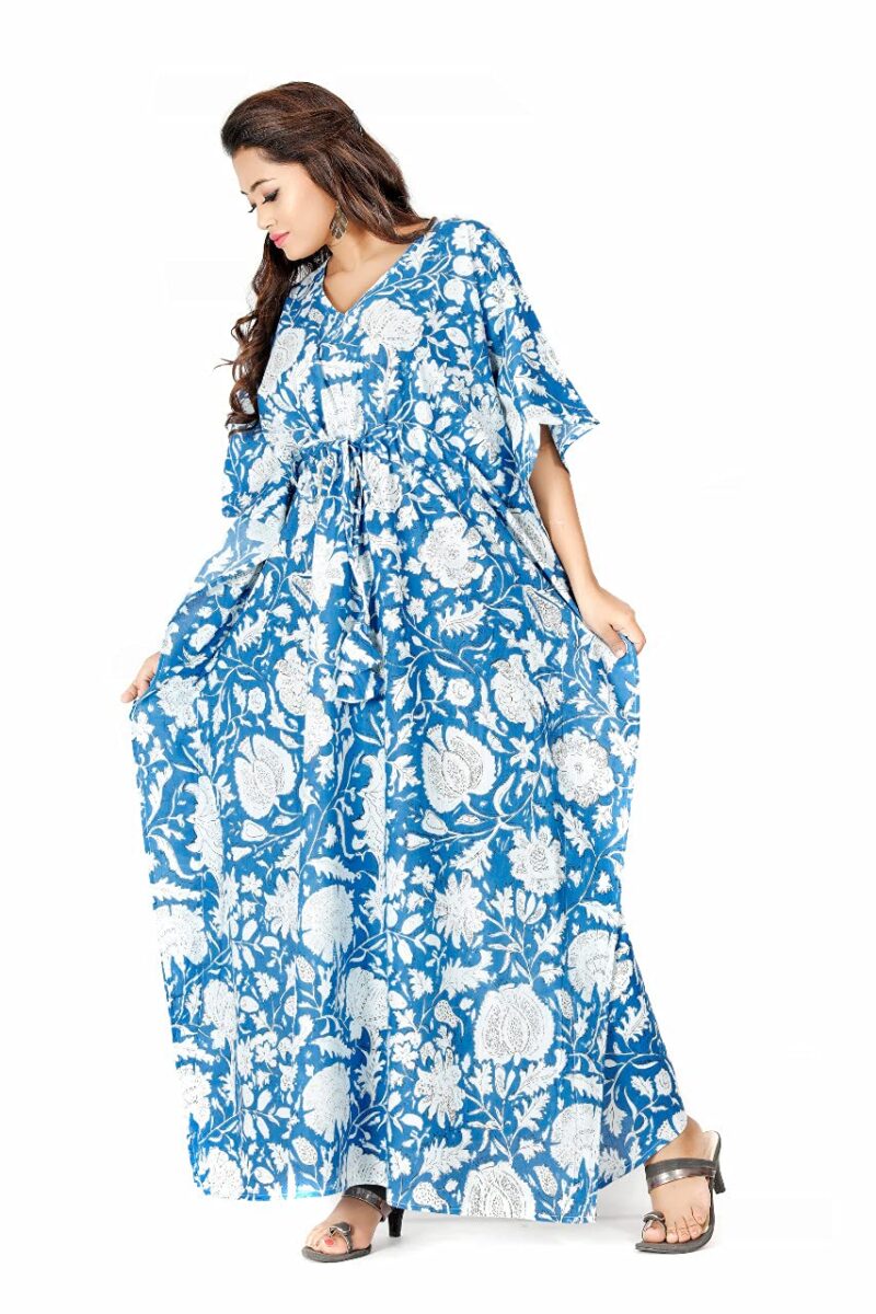 Shri Ganesh Impex Maxi Kaftan for Women, Pure Cotton Nighty, Loungewear Kaftan | Hand Block Printed Women Nighty | Free Size Blue - Image 3