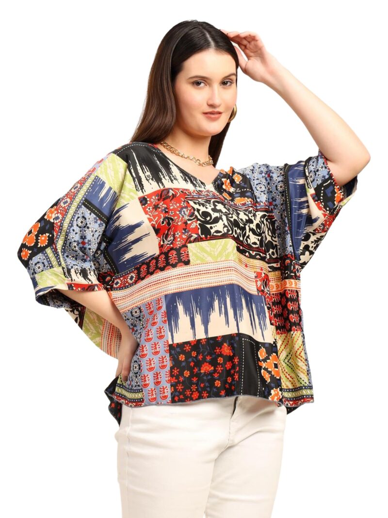 KE KANHA EXPORTS Over Size top|Tops for Woman|Boho Vibe Beach wear|Soft Silky Feel Border Print|V-Neck Half Sleeve Loose Fit|Multicolor|Easily fits M toXXL|Bust 32-40in Length 28in|Pack of 1 - Image 3