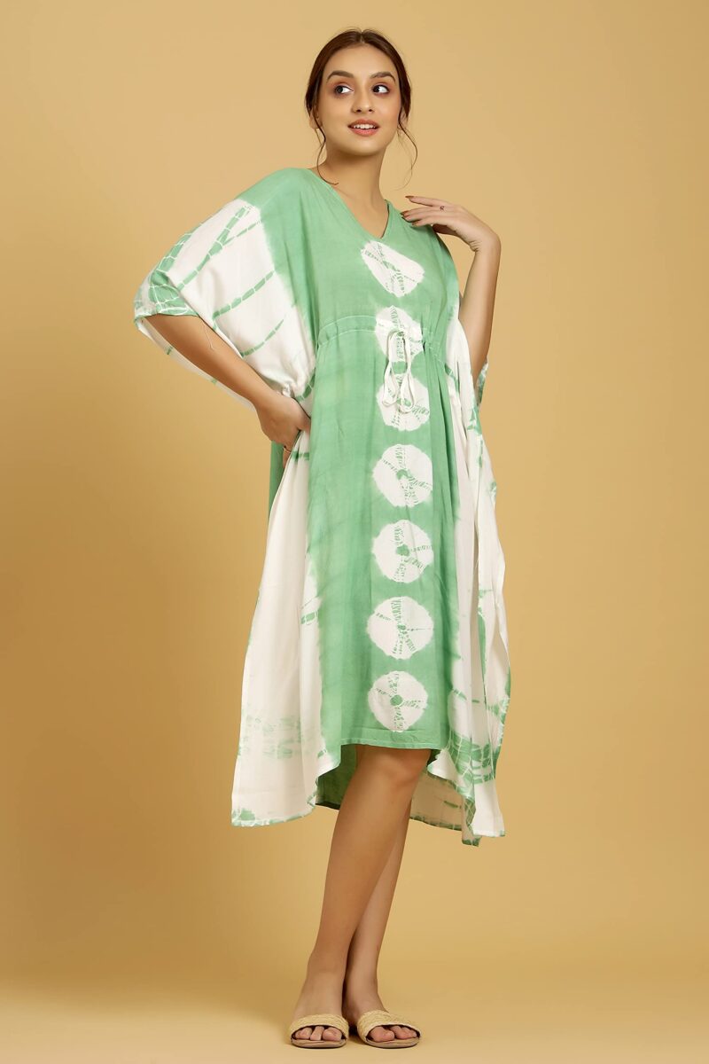 Ravaiyaa - Attitude is everything Rayon Shibori Tie Dye Short Caftan Nightwear Women's Party Dress Kaftan Maxi Gown (Green White Coin Stripe) - Image 3