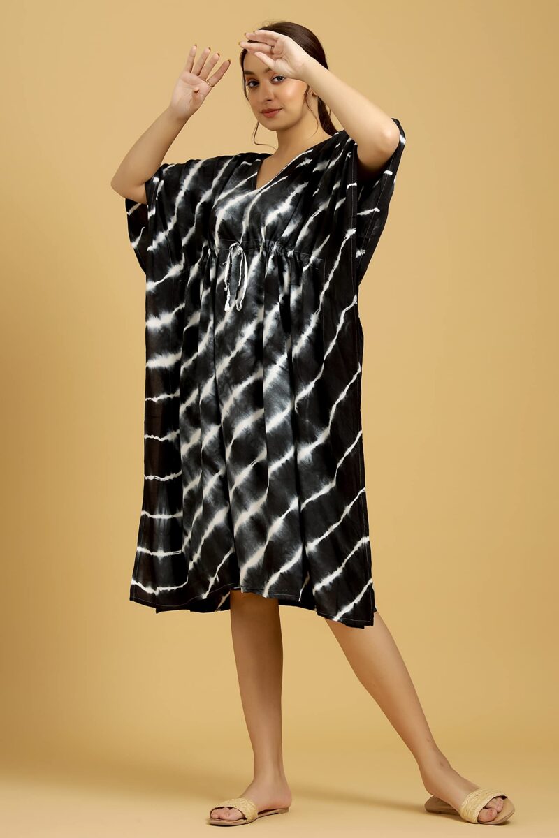 Ravaiyaa - Attitude is everything Rayon Shibori Tie Dye Short Caftan Nightwear Women's Party Dress Kaftan Maxi Gown (Black White Lahriya) - Image 3