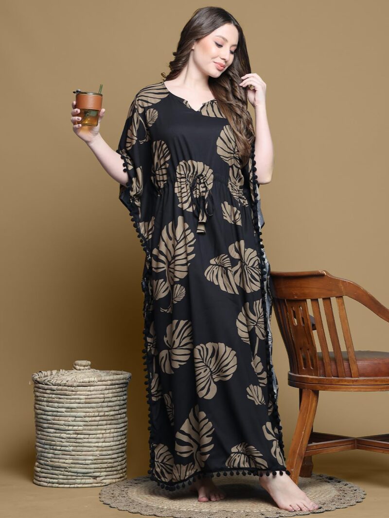 Secret Wish Black Floral Rayon Kaftan Full Length - Image 6