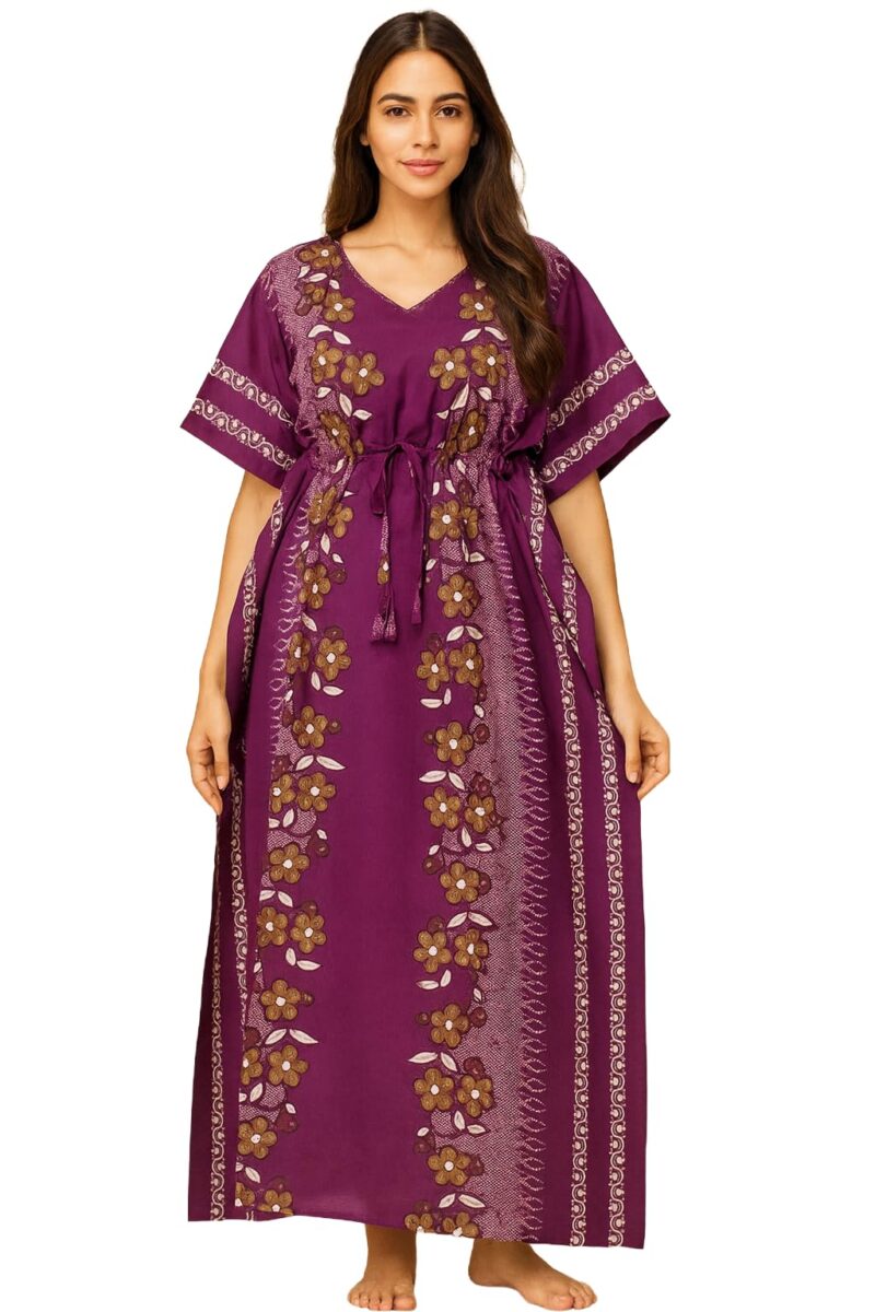 Bahumaan Pure Cotton Kaftan Nighty for Women | Kaftan Maxi for Women | Kaftan Night Gowns for Women | Cotton Nighty for Women Stylish | (Purple, Free Size)