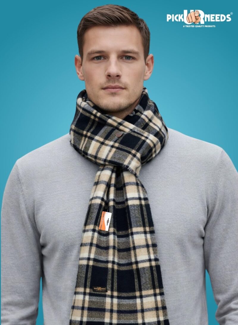 Reversible Winter Muffler for Men | Premium Soft Wool Blend Scarf | Dual-Design Check & Houndstooth Pattern | Warm & Stylish Winter Neck Wrap (Black) - Image 4