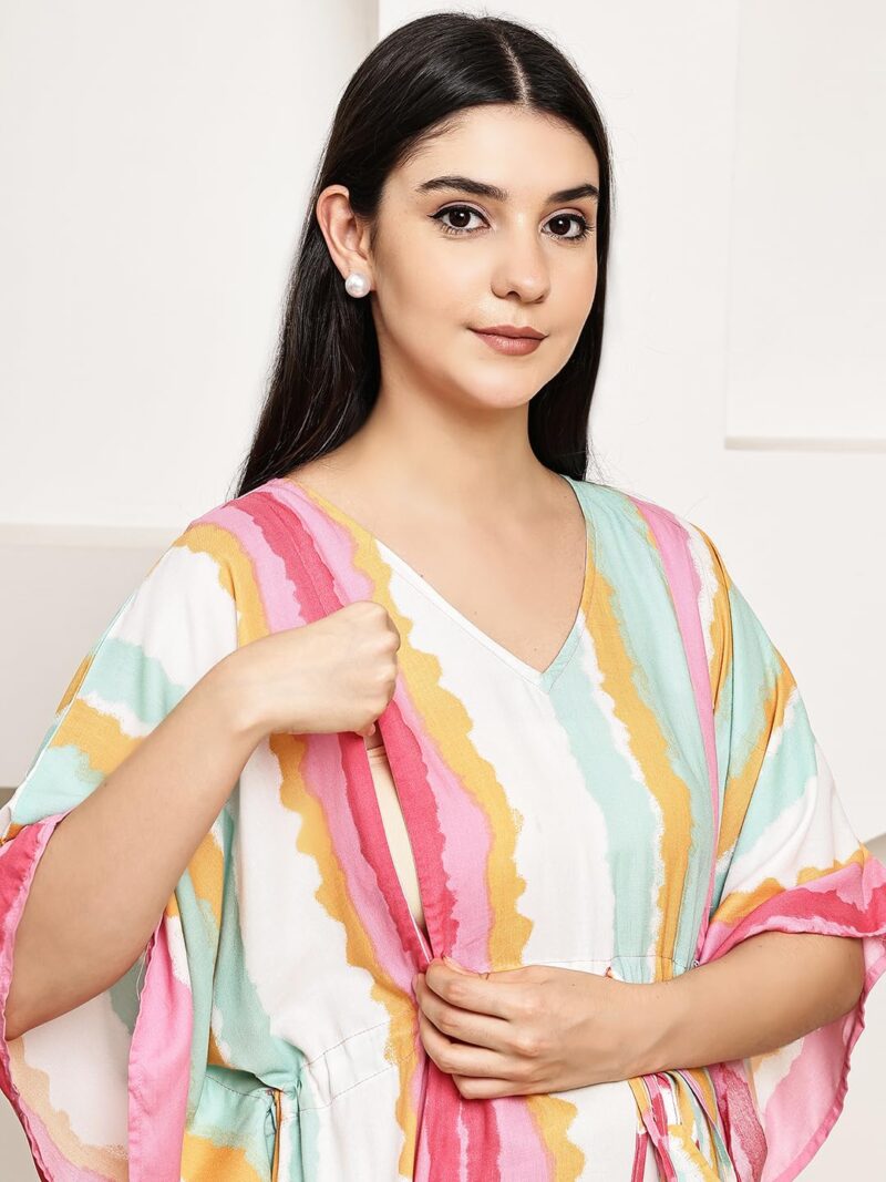 Secret Wish Multi-Coloured Striped Rayon Maternity Kaftan/Maxi Nighty/Free Size/Feeding/Nursing/Zipper/Drawstring - Image 4