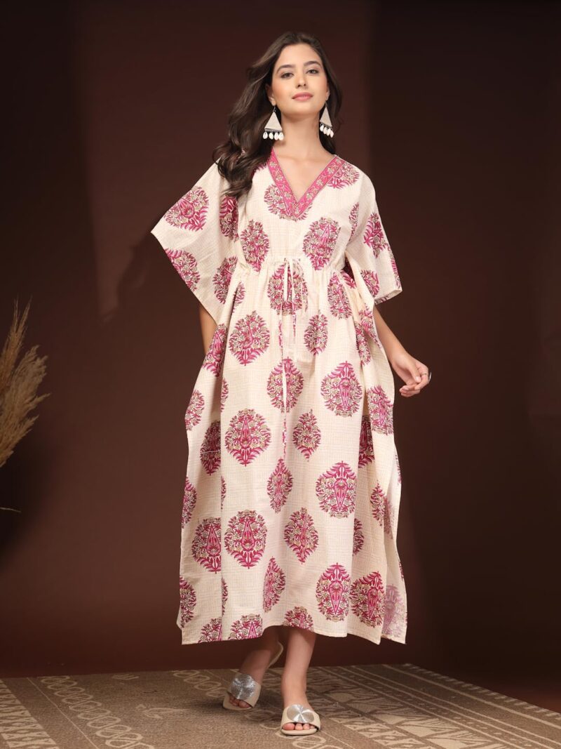 Daevish Cotton Floral Block Print Kaftan for Women, Cream and Pink, V-Neck, Batwing Sleeve, Maxi Length, Drawstring Waist - Image 3