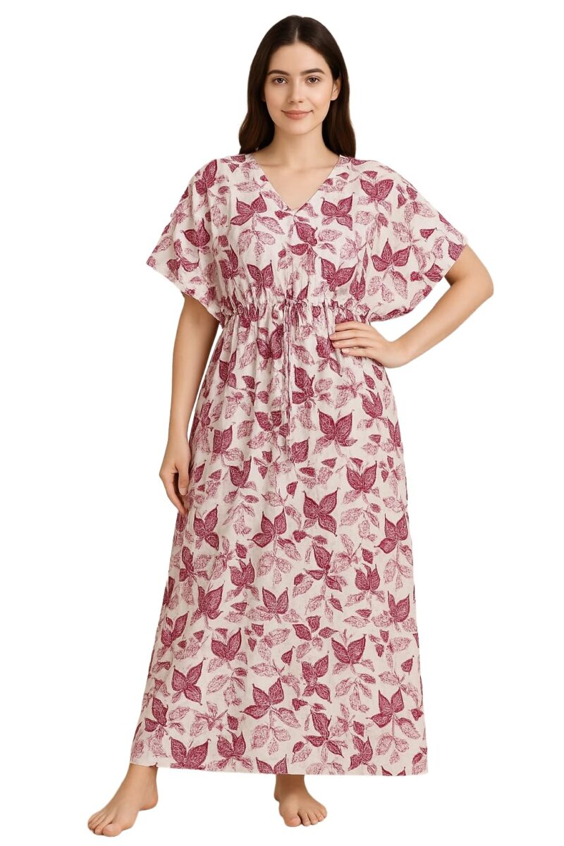 Bahumaan Pure Cotton Kaftan Nighty for Women | Kaftan Maxi for Women | Kaftan Night Gowns for Women | Cotton Nighty for Women Stylish | (Dark Pink, Free Size)