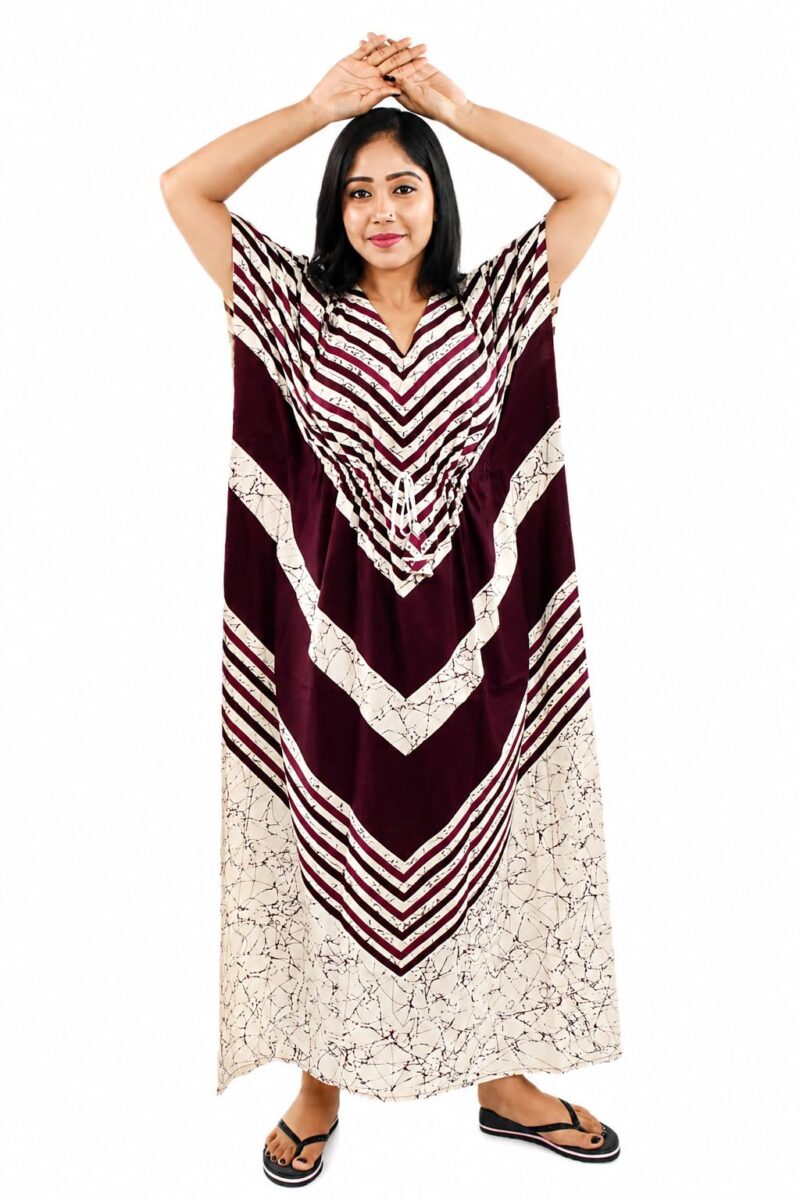 BDROX Women’s Printed Maroon Cotton Kaftan Nighty | Long Maxi Lounge Dress with Drawstring Waist | Soft, Breathable & Comfortable Nightwear