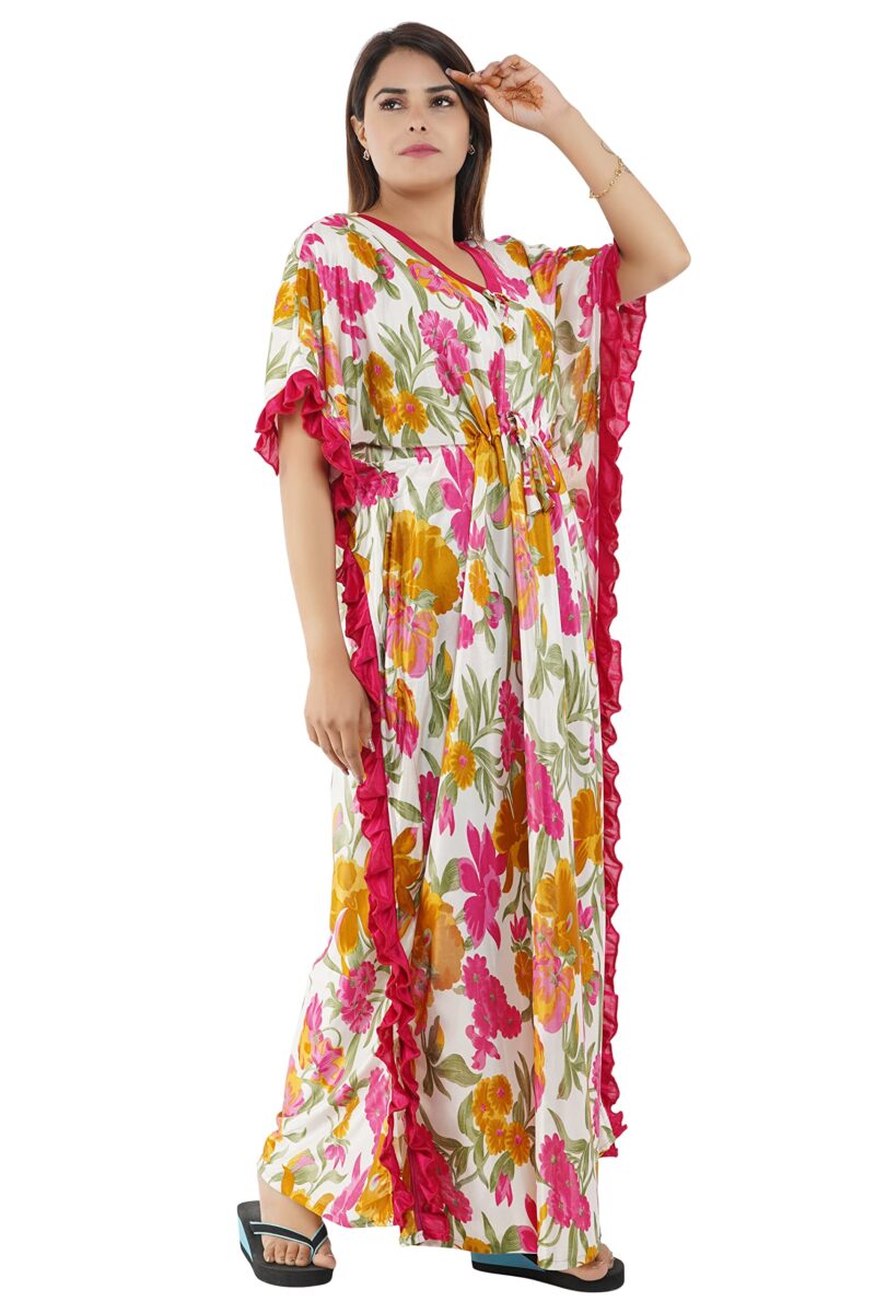 Onekbhalo Women's Satin Floral Kaftan Nighty Maxi Gown (PK_Red-X-Large) - Image 2
