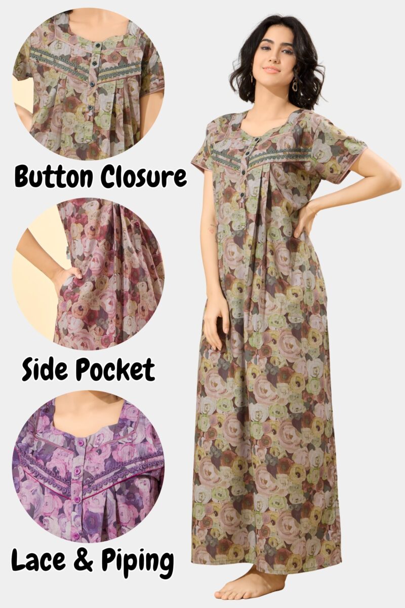 GLAMORAS Bizzy Lizzy Cotton Nighty Gown with Side Pocket for Women | Regular, Digital Printed & Full Length Maxi Night Gown | Night Wear Maxi Gown for Women | Size: M Floral Print 02 - Image 2