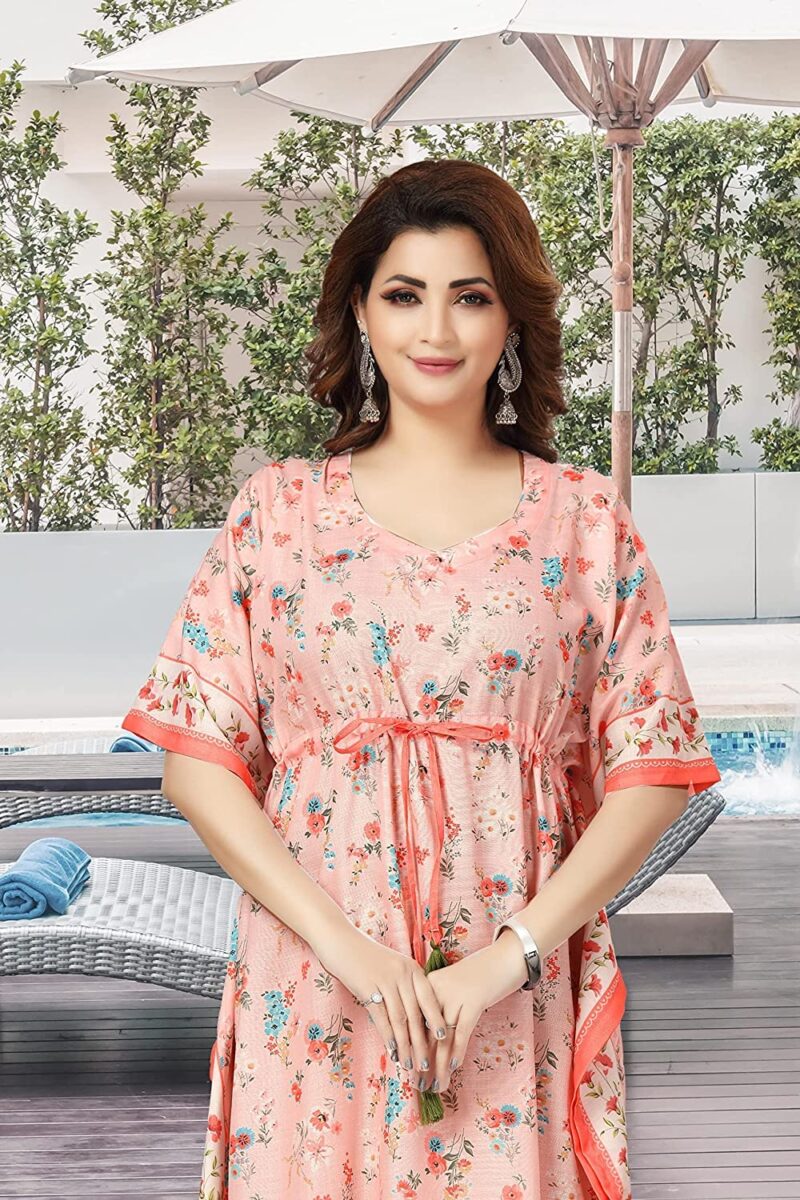 daintier Women's Long Kaftan Dress V-Neck Maxi Caftan with Drawstring Waist Casual Boho Loungewear Beach Swimsuit Cover Up Nightgown Sleepwear Resort Wear Daily House Dress for Ladies(Peach) - Image 3