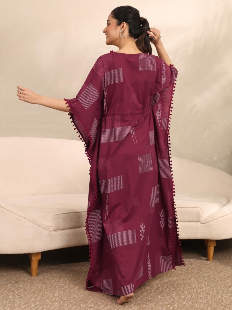 Libas Printed Kaftan Style Nightdress with Attached Waistbelt Maroon - Image 3