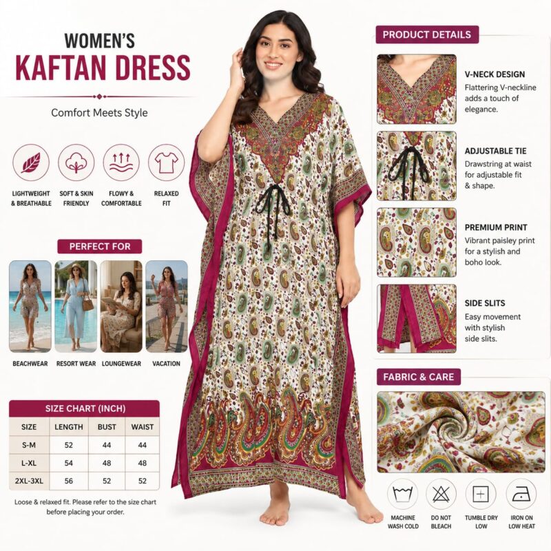Navya Heritage Women's Paisley Print Kaftan Dress, Full Length, Magenta - Image 2