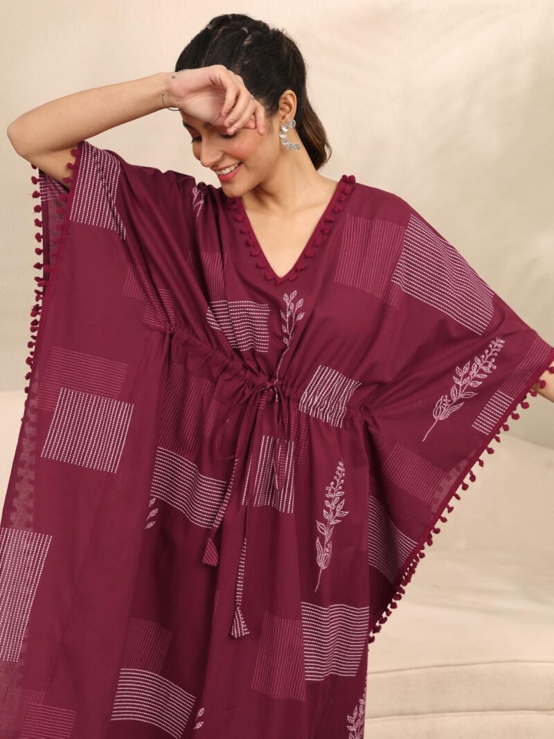 Libas Printed Kaftan Style Nightdress with Attached Waistbelt Maroon - Image 5