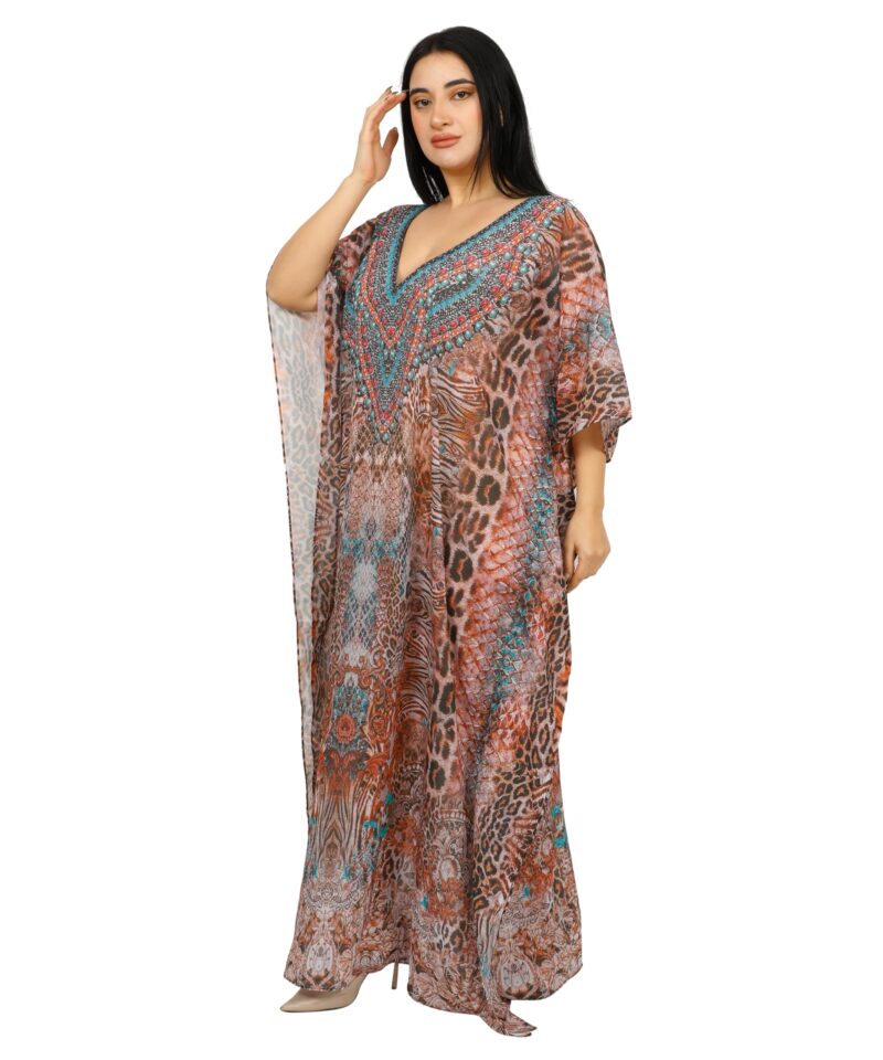 Art Of Creation Ethnic Print Georgette Fabric Kaftan Dresses For Women Beach Dress Plus Size Swimsuit Cover Up (Brown-Multi) - Image 5