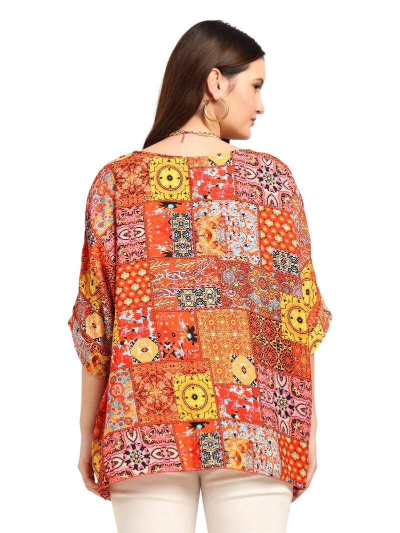 KE KANHA EXPORTS Over Size top|Tops for Woman|Boho Vibe Beach wear|Soft Silky Feel Border Print|V-Neck Half Sleeve Loose Fit|Multicolor|Easily fits M toXXL|Bust 32-40in Length 28in|Pack of 1 - Image 4