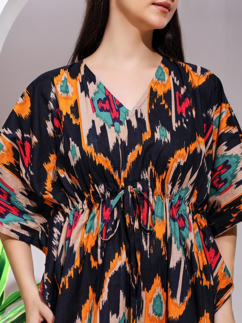 Ravaiyaa - Attitude is everything Women Black Ikat Printed Cotton V-Neck Knee Length Kaftan Dress Nighty - Image 4
