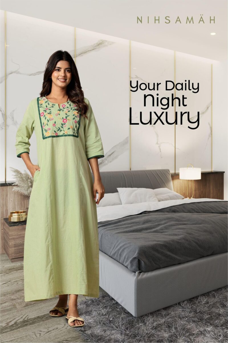 NIHSAMAH Premium Women’s Embroidered Nighty – 100% Cotton, Full-Length Comfort Sleepwear Long Nightwear, Soft Fabric for Daily & Night Use, Maxi (Light Green, M-Bust-42) - Image 6