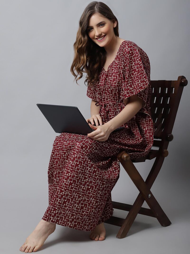 Secret Wish Women's Cotton Printed Maroon Kaftan Maxi Nighty, Free Size - Image 5