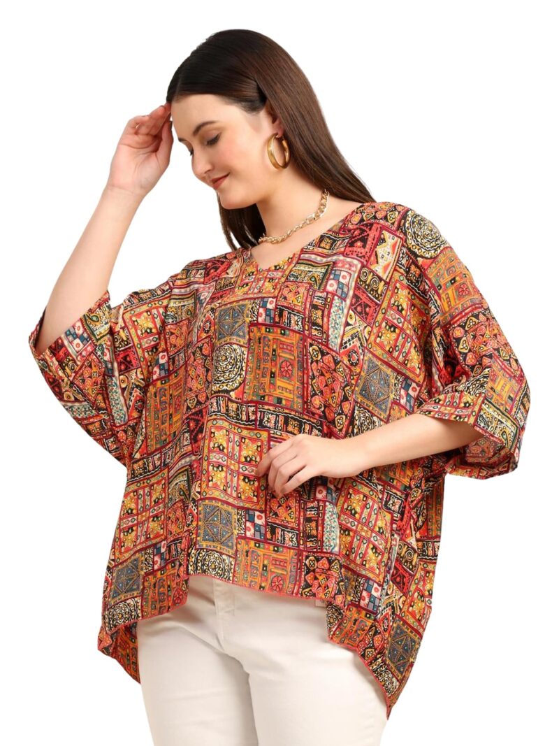 KE KANHA EXPORTS Over Size top|Tops for Woman|Boho Vibe Beach wear|Soft Silky Feel Border Print|V-Neck Half Sleeve Loose Fit|Multicolor|Easily fits M toXXL|Bust 32-40in Length 28in|Pack of 1 - Image 3