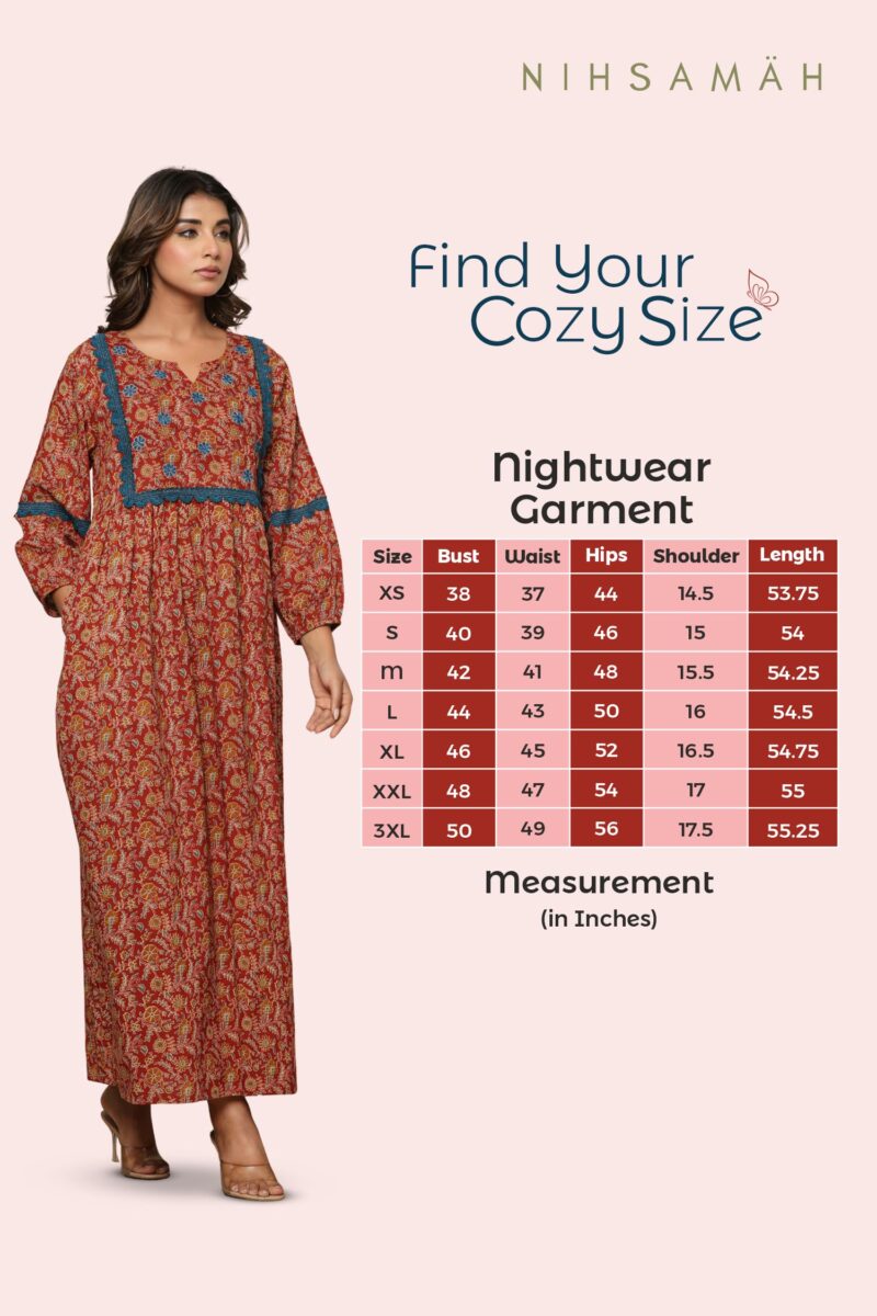 NIHSAMAH Cotton Night Gown for Women, Printed Long Cotton Nighty with Pockets, Comfortable & Fancy Sleepwear/Nightwear/Maxi (Rust, L-Bust-44) - Image 3