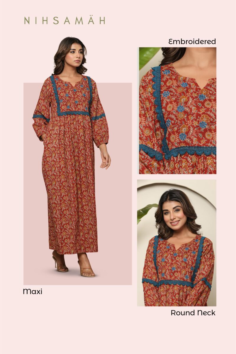 NIHSAMAH Cotton Night Gown for Women, Printed Long Cotton Nighty with Pockets, Comfortable & Fancy Sleepwear/Nightwear/Maxi (Rust, L-Bust-44) - Image 5