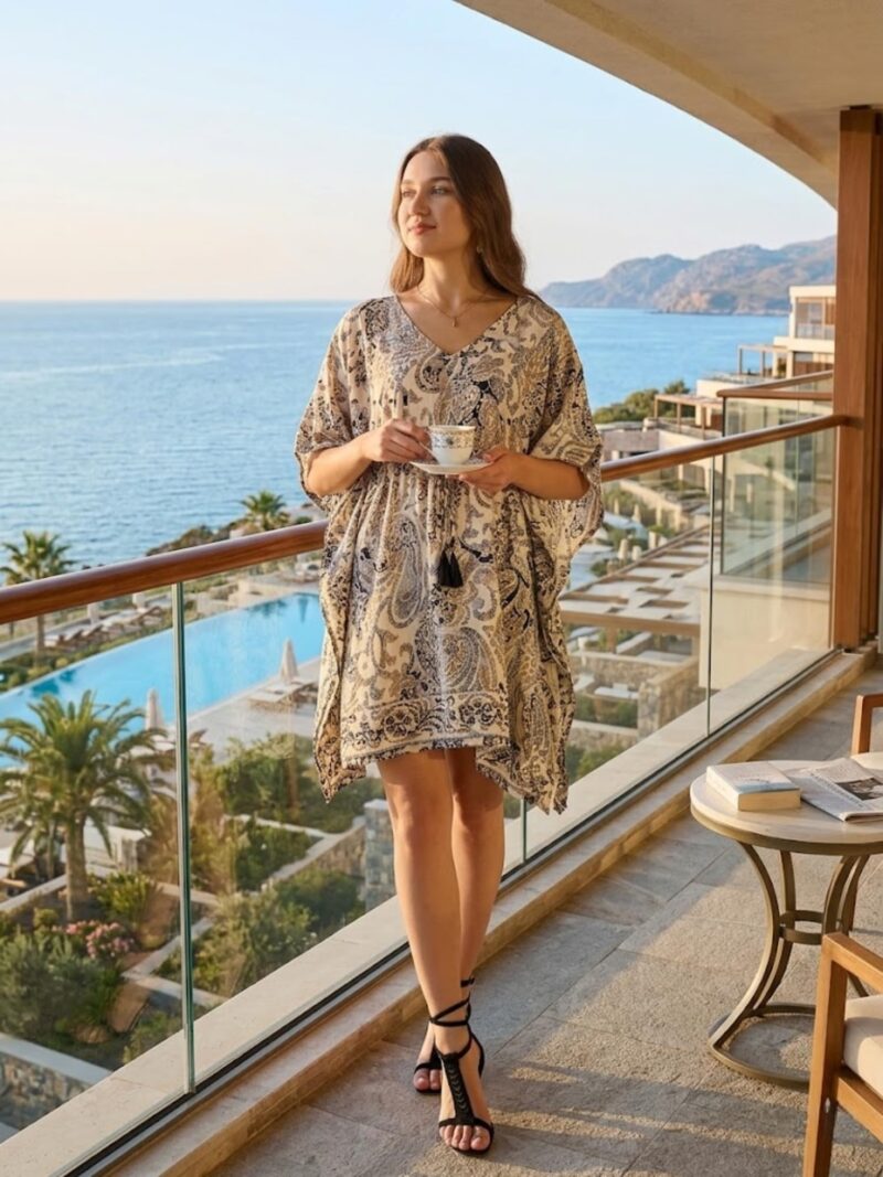 KE KANHA EXPORTS Kaftan Dress|kafthan Dress for Women|Kaftan Kurti for Women|Beach wear|Boho Beach|Border Print Drawstring Tassel|Printed|Easily fits M to XXL|Bust32-42in Length36in - Image 6