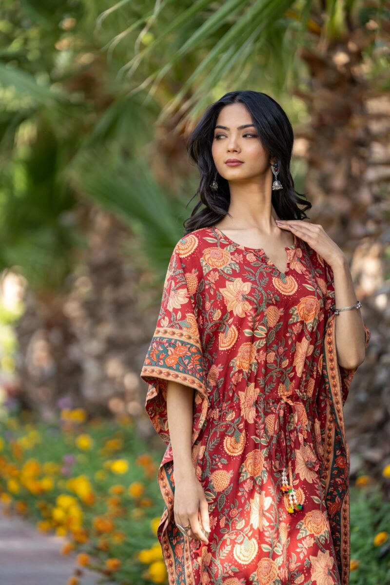 Navyas Fashion Women's Pure Cotton Full Length Kaftan Dress, Notched Neck, Drawstring with Tassels at Waist, 2 Side Slits, Floral Print, Bohemian Style (Large) (X-Large) - Image 5