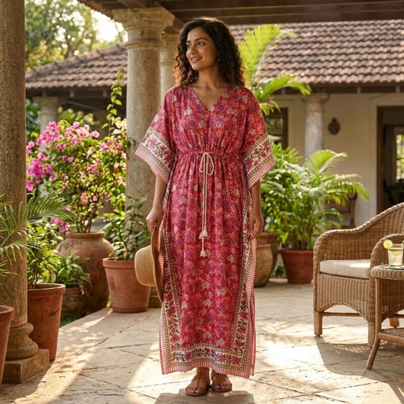 MOMISY Women's Handmade Mal Cotton Handicraft Artisan Hand Block Printed Natural Colour Maxi Kaftan Dress Gown-56 Inch Long-LB1 - Image 7