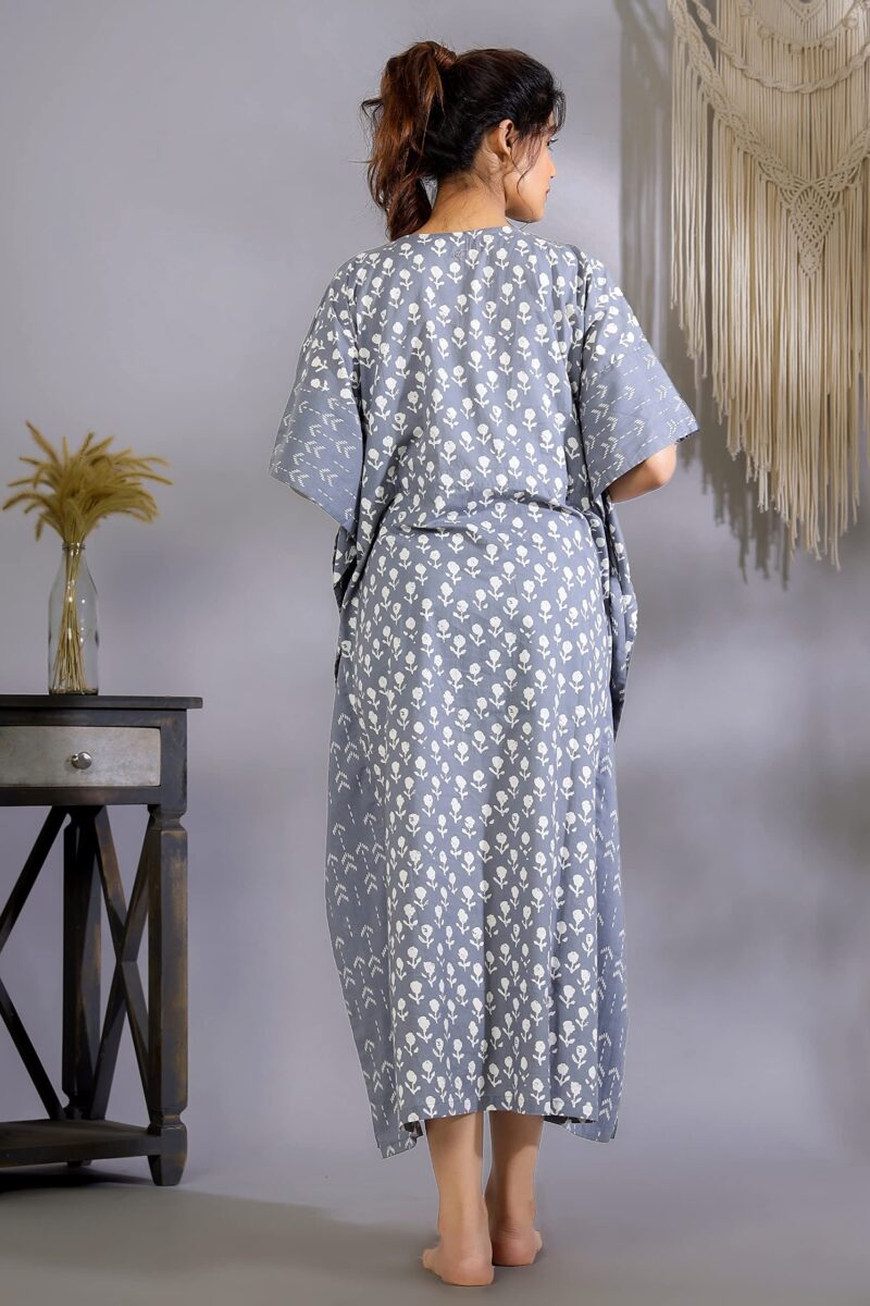 Ravaiyaa - Attitude is everything Women's Cotton Printed Maxi Kaftan Sleepwear Nightdress Gown Caftan (Grey Floral) - Image 3