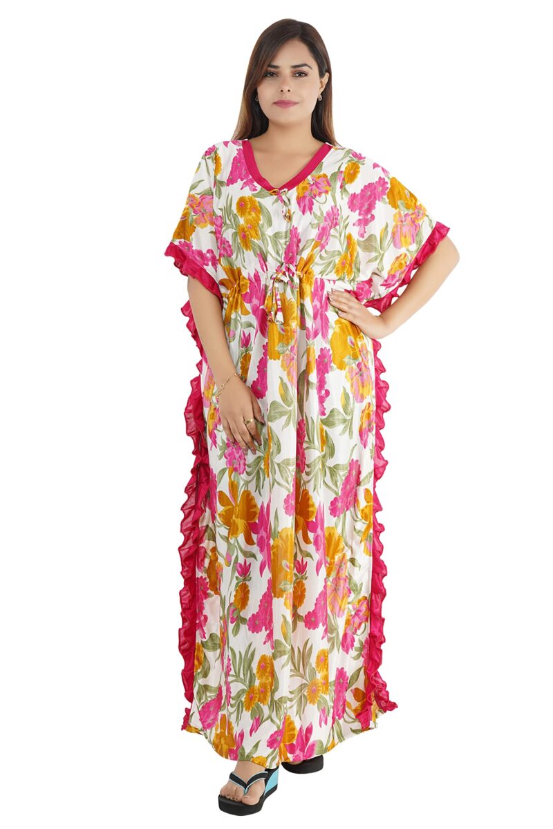Onekbhalo Women's Satin Floral Kaftan Nighty Maxi Gown (PK_Red-X-Large)