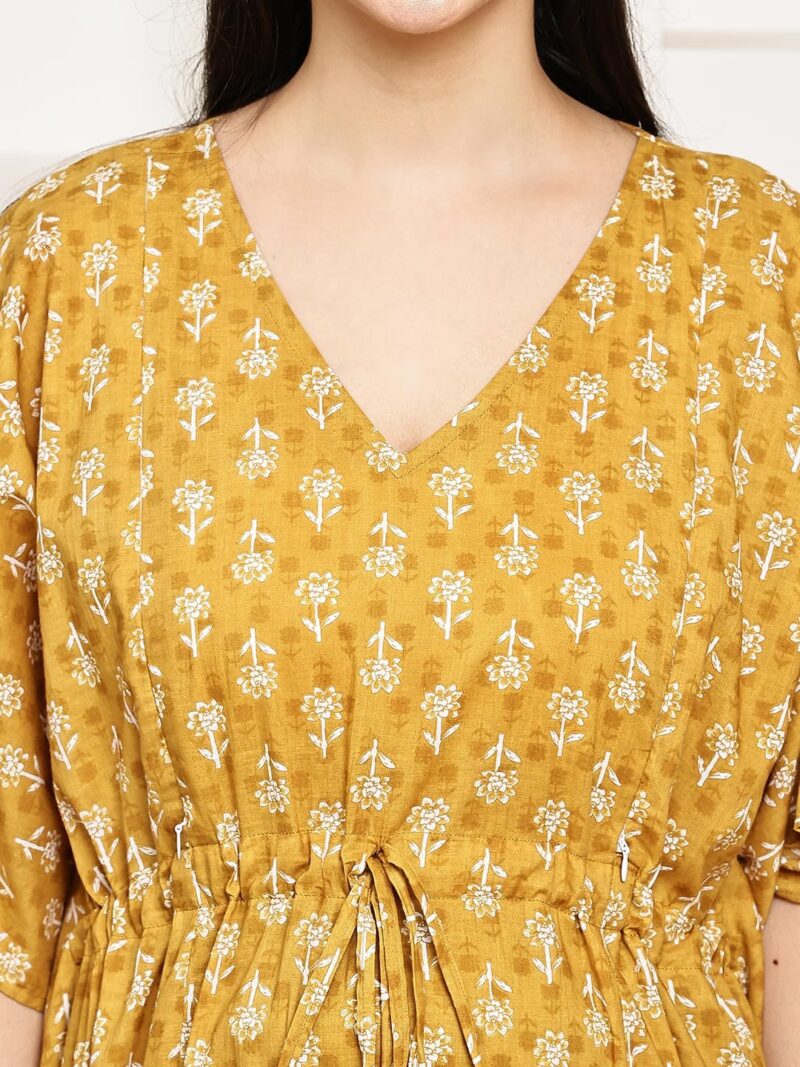 Secret Wish Mustard Floral Cotton Maternity Kaftan & Feeding Kaftan| Loose Fit Nursing Nighty with Zipper | Pregnancy Dress - Image 3