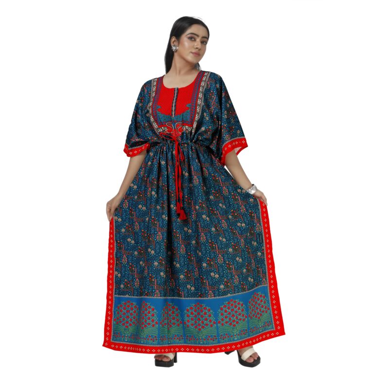 daintier Women's Rayon Cotton Long Kaftan Dress V-Neck Maxi Caftan with Drawstring Waist Casual Boho Loungewear Beach Swimsuit Cover Up Nightgown Sleepwear Resort Wear Daily House Dress(Teal Red) - Image 2