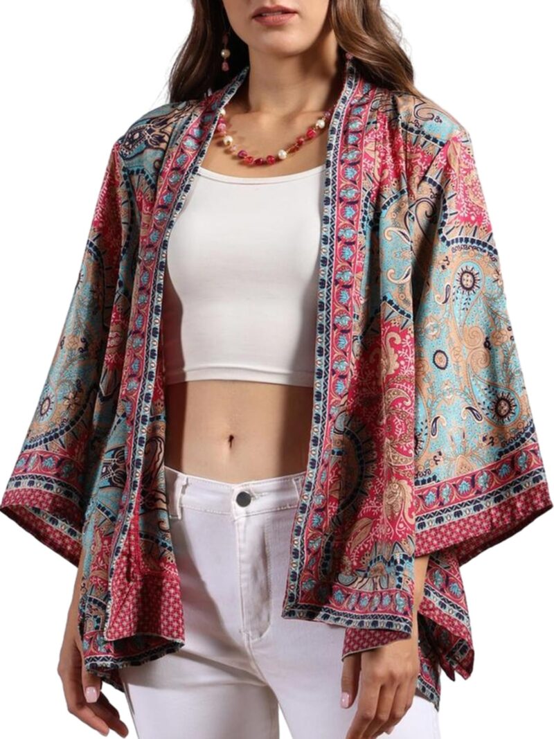 KE KANHA EXPORTS Shrugs for Women Stylish Boho Western Kimono Beach Wear Top with Japanese Sleeves and Multicolour Border Print | Premium Soft Silky Free Size Cover Up Fits S-M-L (1147)
