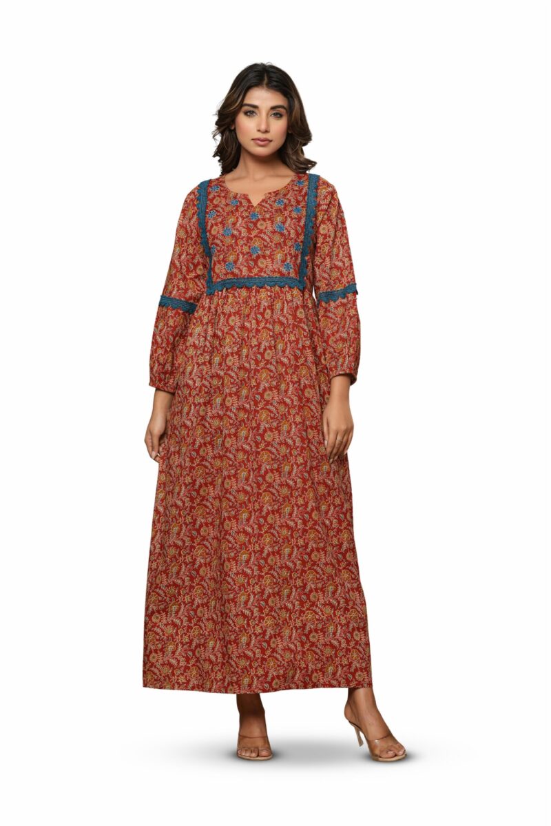 NIHSAMAH Cotton Night Gown for Women, Printed Long Cotton Nighty with Pockets, Comfortable & Fancy Sleepwear/Nightwear/Maxi (Rust, L-Bust-44)