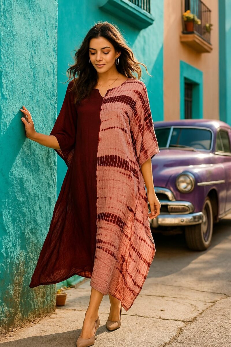 Maaesa Women Maroon Handcrafted Tie-Dye Rayon Loose Fit Kaftan Dress | V-Neck | Color Block Kaftan Style | Lightweight & Breathable Fabric | Casual Wear - Image 6