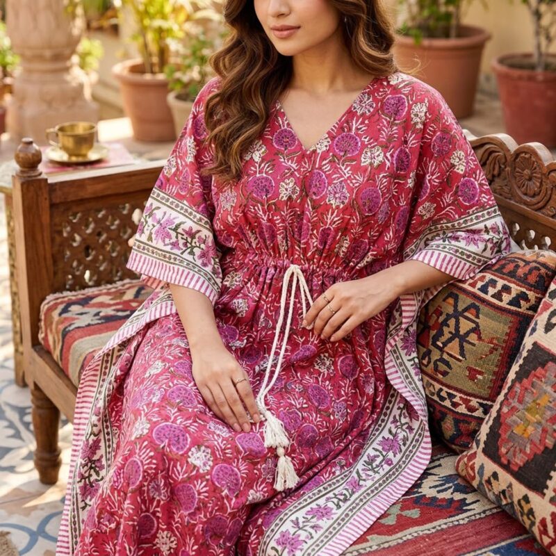 MOMISY Women's Handmade Mal Cotton Handicraft Artisan Hand Block Printed Natural Colour Maxi Kaftan Dress Gown-56 Inch Long-LB1 - Image 2