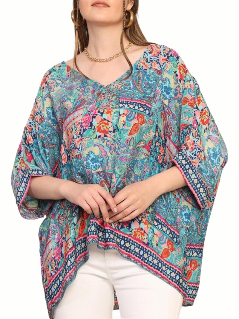 KE KANHA EXPORTS Over Size top|Tops for Woman|Boho Vibe Beach wear|Soft Silky Feel Border Print|V-Neck Half Sleeve Loose Fit|Multicolor|Easily fits M toXXL|Bust 32-40in Length 28in|Pack of 1