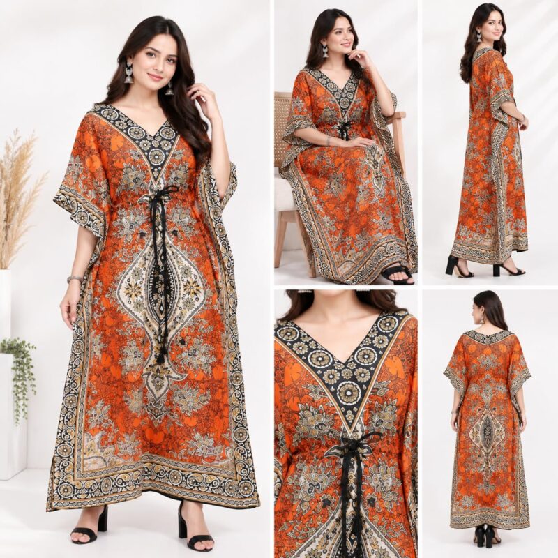 Women's Boho Kaftan Maxi Dress, Orange Ethnic Print with Belt - Image 2