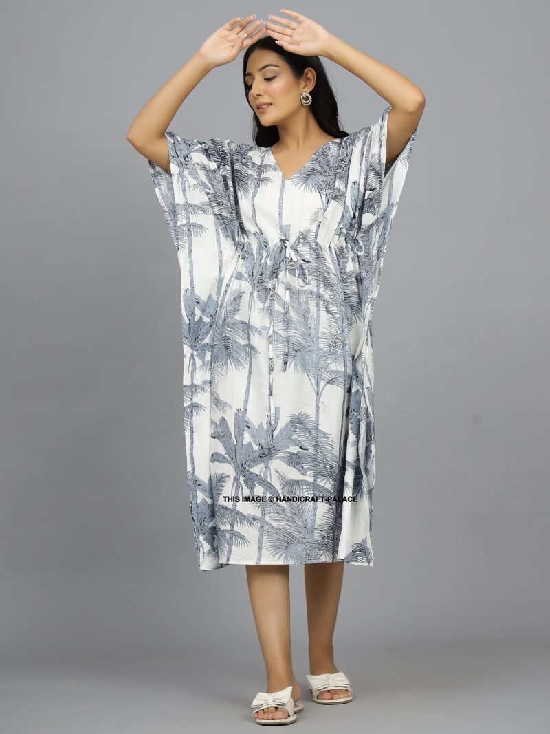 Ravaiyaa - Attitude is everything Indian Handmade Printed Cotton Short Kaftan Women Beach Wear Kimiono Gown Dress (Grey Palm Tree) - Image 8