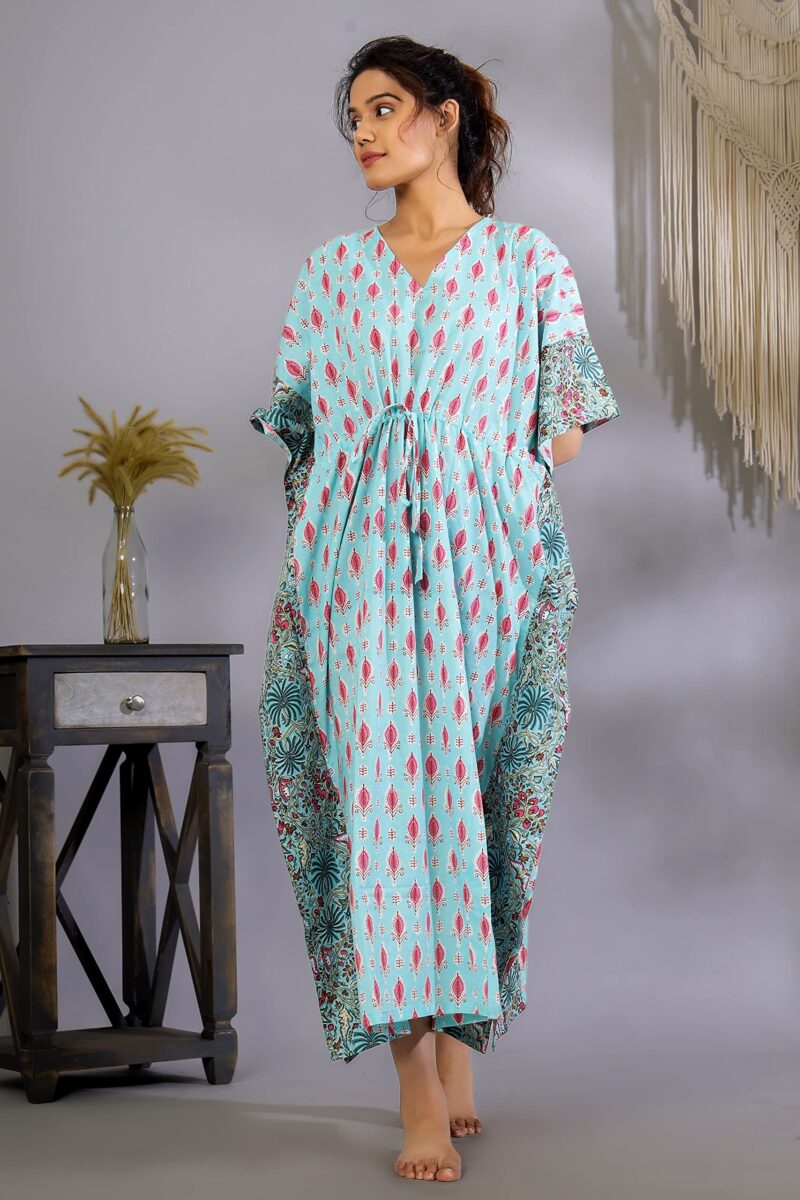 Ravaiyaa - Attitude is everything Women's Cotton Printed Maxi Kaftan Sleepwear Nightdress Gown Caftan (Turquoise Floral) - Image 7