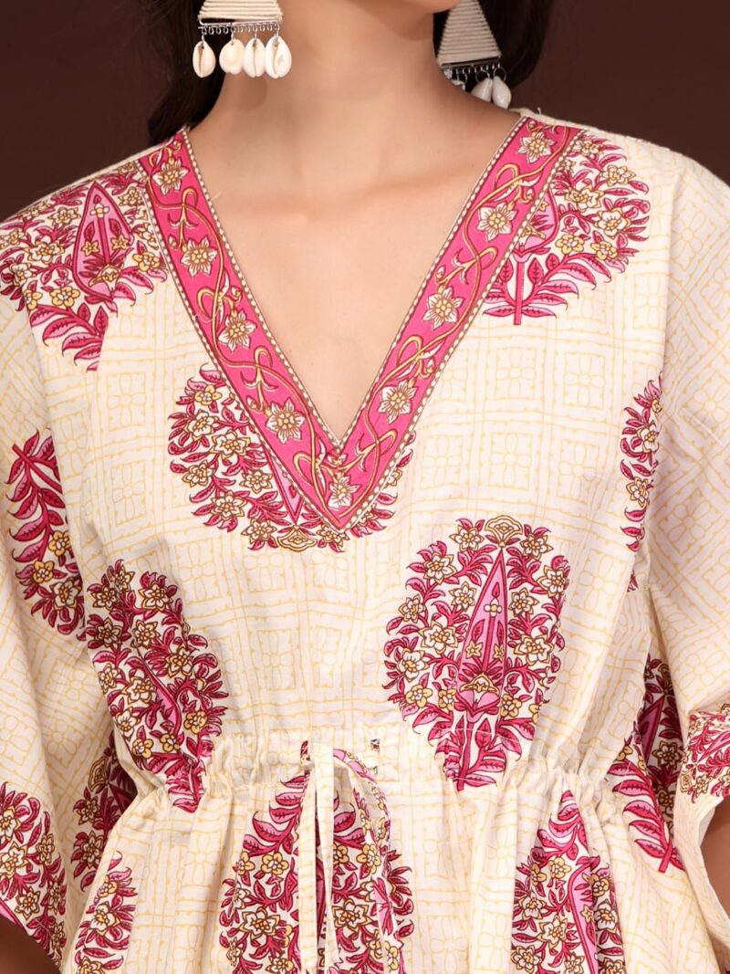 GLAMALUE Women Cotton Floral Printed Kaftan, Cream and Pink, V-Neck with Drawstring Waist, Maxi Length - Image 6