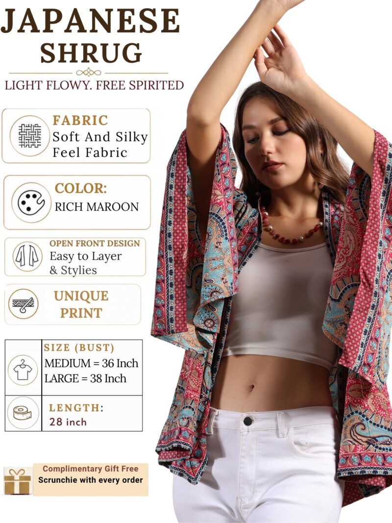 KE KANHA EXPORTS Shrugs for Women Stylish Boho Western Kimono Beach Wear Top with Japanese Sleeves and Multicolour Border Print | Premium Soft Silky Free Size Cover Up Fits S-M-L (1147) - Image 2