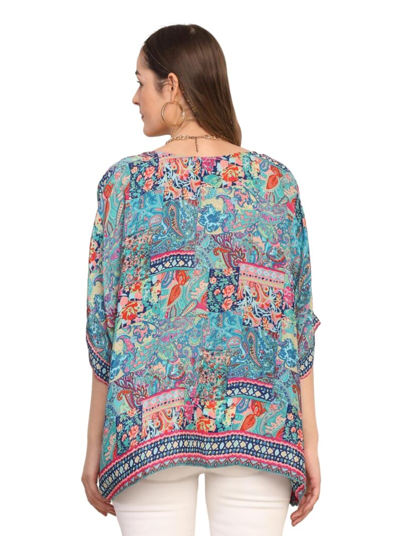 KE KANHA EXPORTS Over Size top|Tops for Woman|Boho Vibe Beach wear|Soft Silky Feel Border Print|V-Neck Half Sleeve Loose Fit|Multicolor|Easily fits M toXXL|Bust 32-40in Length 28in|Pack of 1 - Image 3